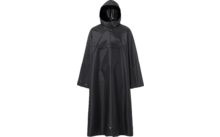 Schwarzes, langes Kleidungsstück mit Kapuze, glänzendes Material, vorn mittige Tasche mit Klappe, lange Ärmel