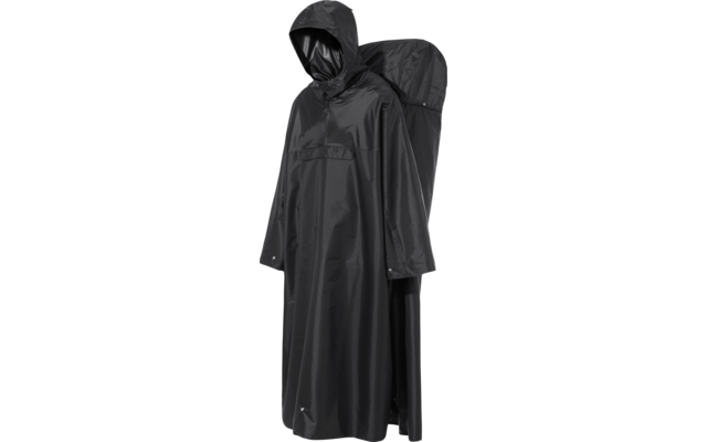Poncho de lluvia negro impermeable con capucha y cobertura trasera extendida