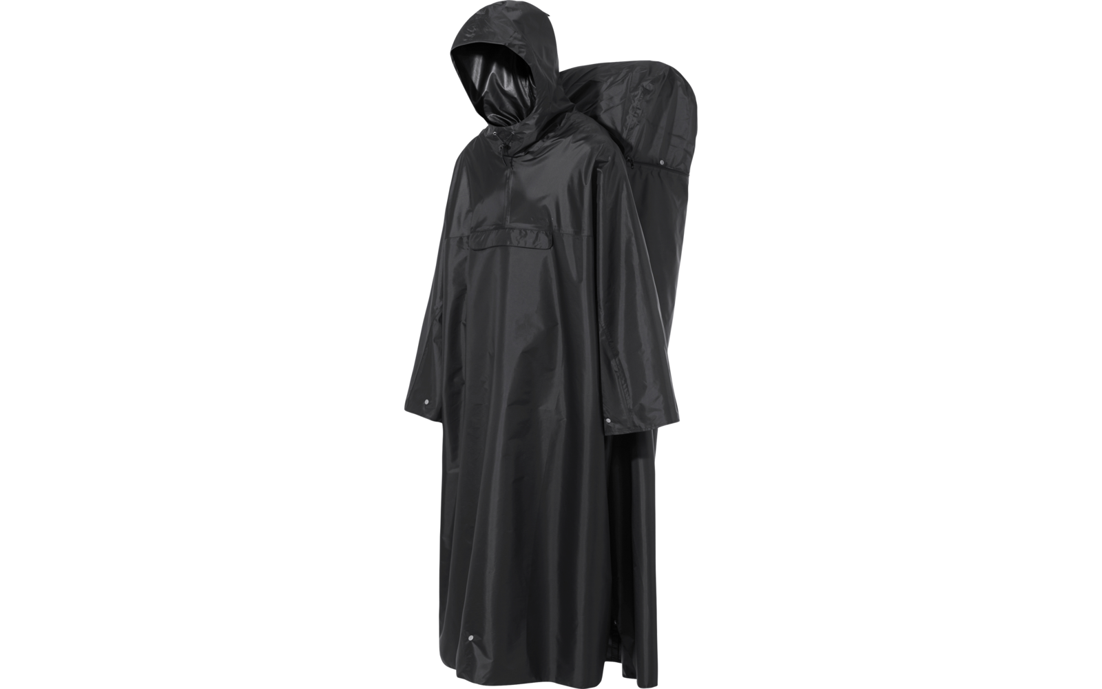 Poncho de lluvia negro impermeable con capucha y cobertura trasera extendida