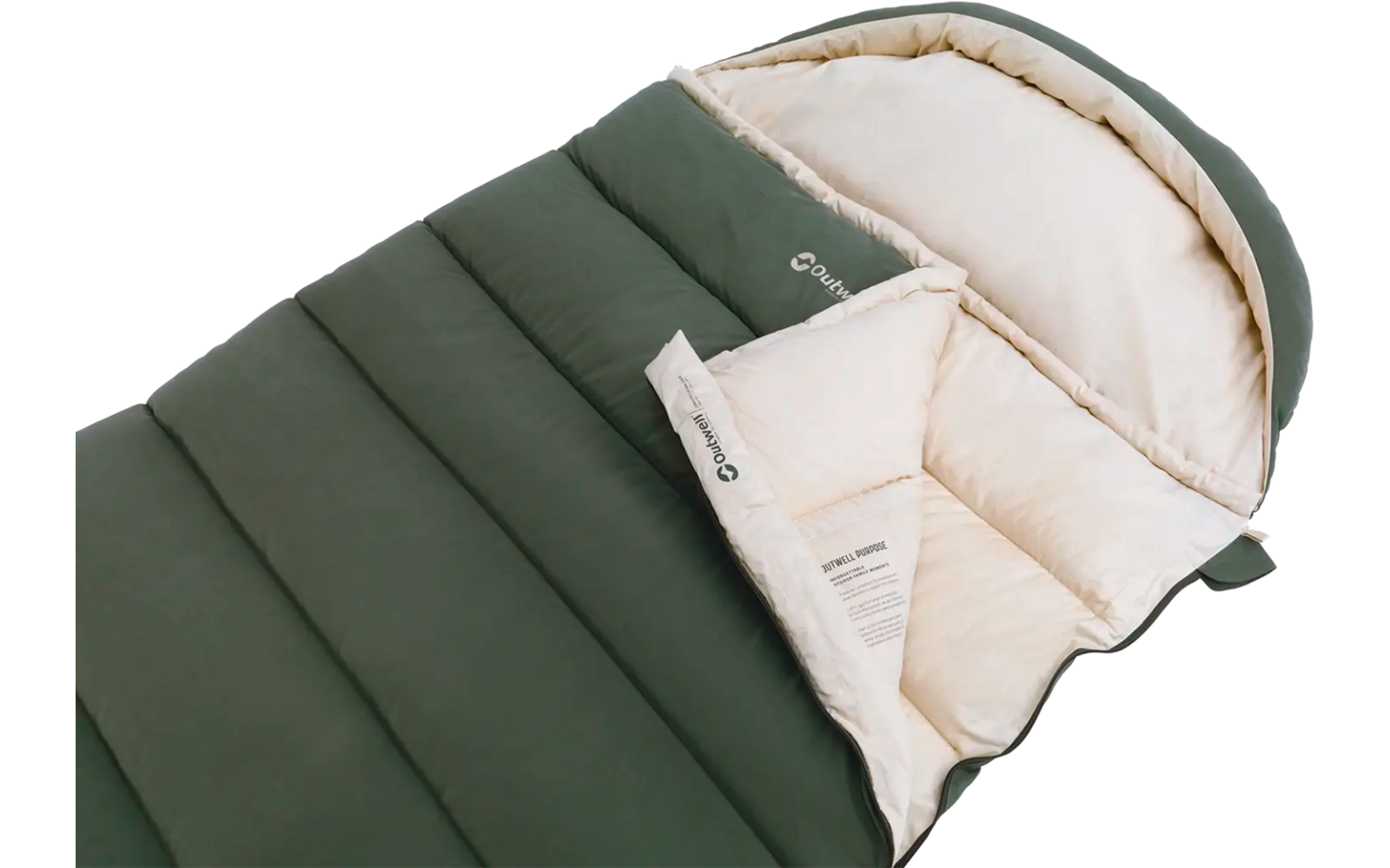 Groene slaapzak met crèmekleurige voering, gedeeltelijk open