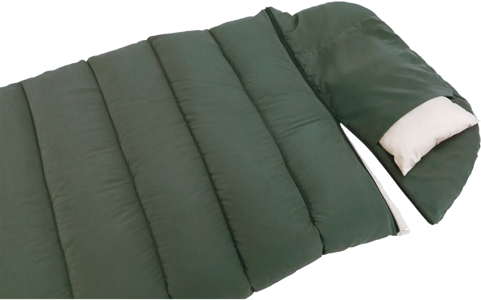 Groene slaapzak met wit kussen op witte achtergrond