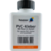 Weiße, rechteckige Plastikflasche mit schwarzem Schraubdeckel; Etikett mit Aufdrucken 'heusser products', 'PVC-Kleber', 'Mit Pinsel im Deckel', 'Für weiche PVC-Folien und Kunstleder', Barcode und oranger Webadresse 'www.outdoor-products.de'