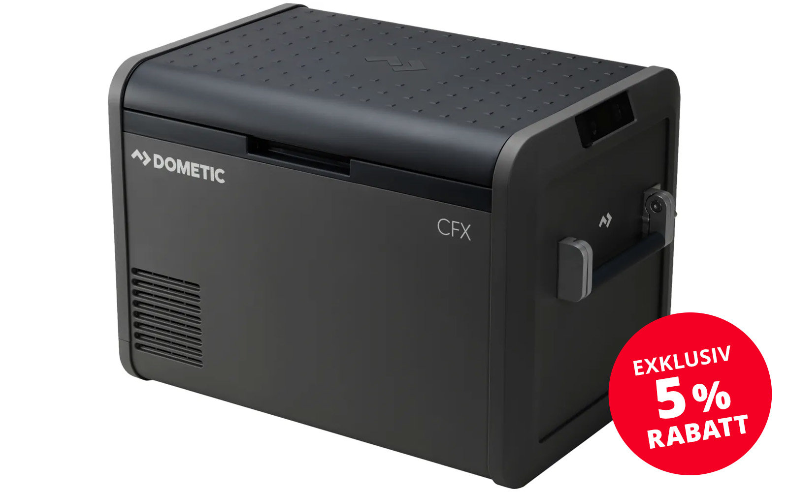 Black portable cooler with handle and ventilation slots