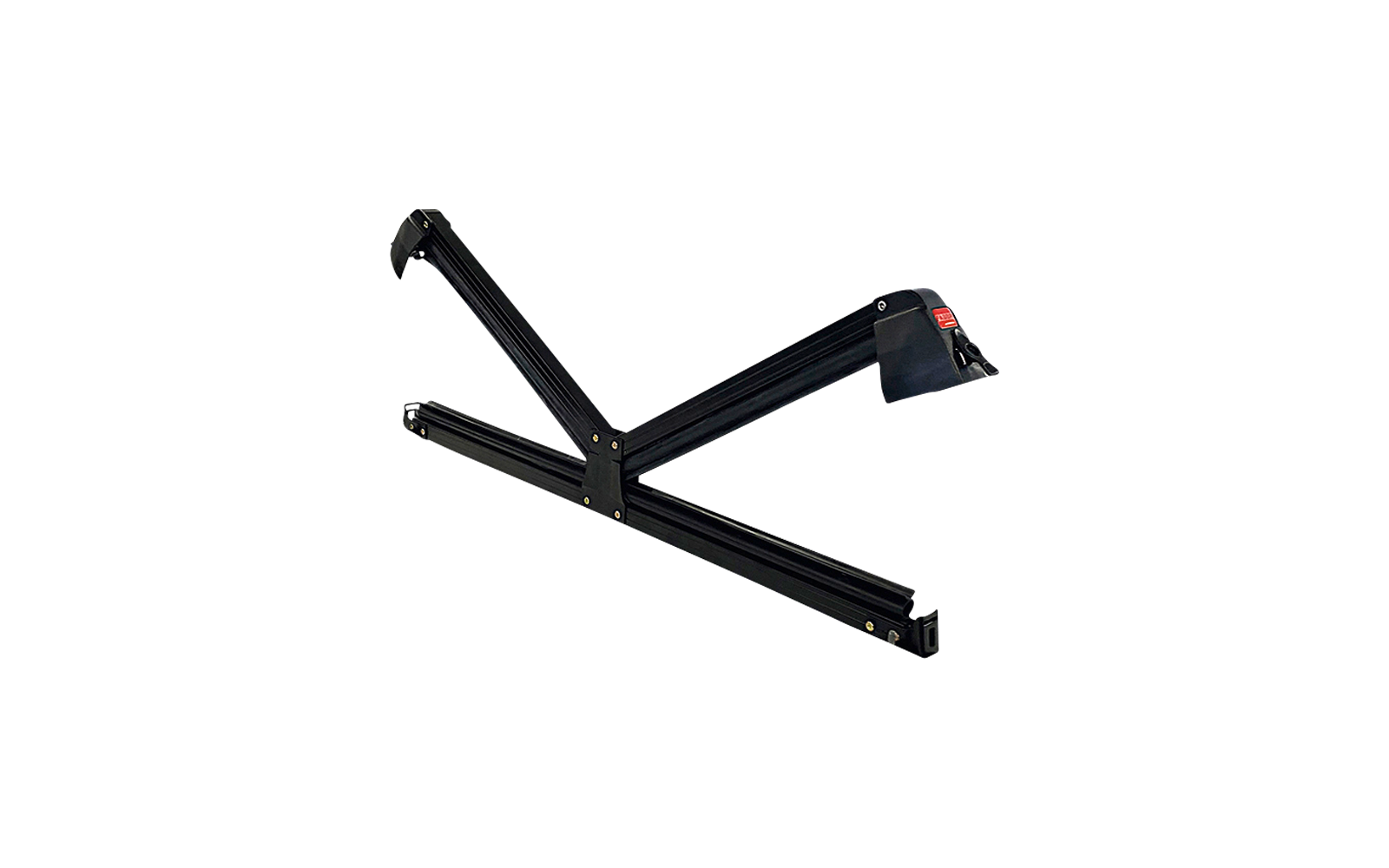 Tre profili metallici neri uniti da una cerniera centrale e aperti a V, con staffe metalliche alle estremità e rivetti dorati visibili su sfondo bianco