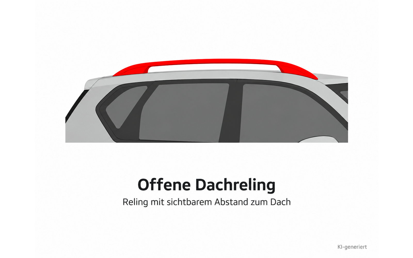 Seitenansicht eines grauen Autos mit zwei Fenstern und einer roten Dachreling über dem Dach; weißer Hintergrund; darunter der Text 'Offene Dachreling', die Unterzeile 'Reling mit sichtbarem Abstand zum Dach' und 'KI-generiert'
