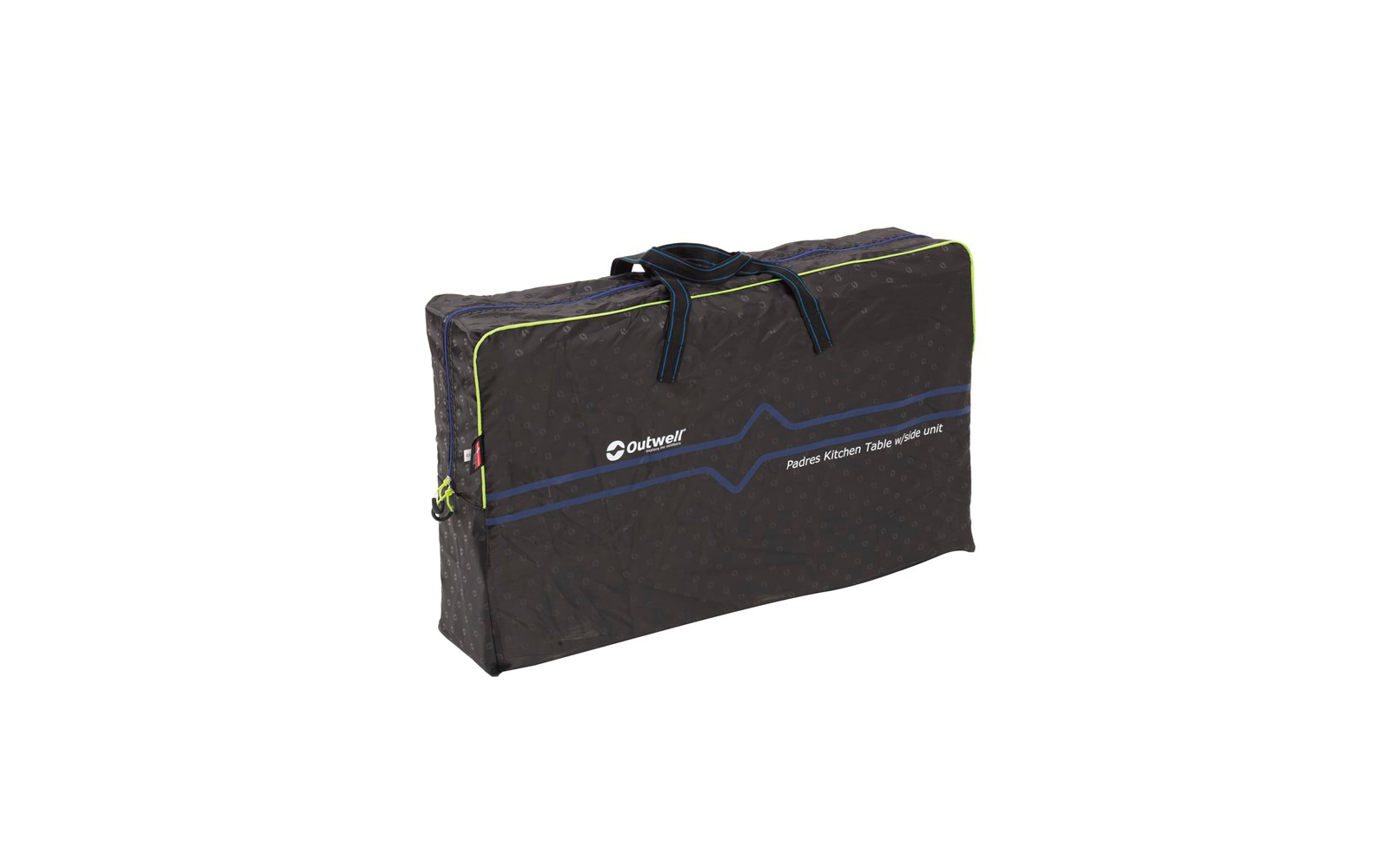 Geschlossene schwarze Tasche mit Griff und blauer Zierlinie