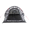 Open grijs tent met camouflagepatroon, zwarte vloer, rode scheerlijnen en een hangende lamp binnenin