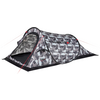 Grijze camouflage-tent met open boogvormige ingang, rode scheerlijnen en zwarte bodem