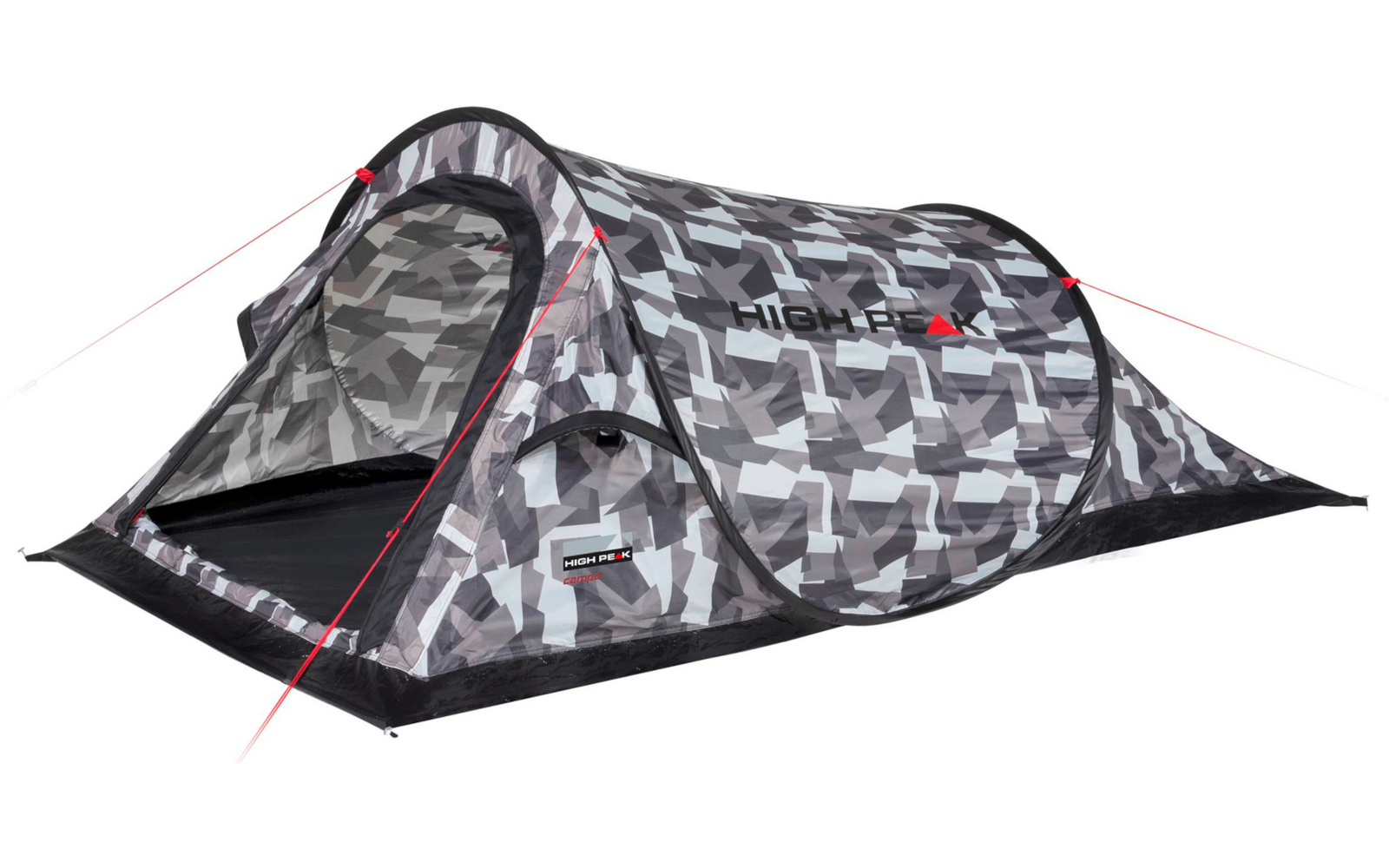 Grijze camouflage-tent met open boogvormige ingang, rode scheerlijnen en zwarte bodem