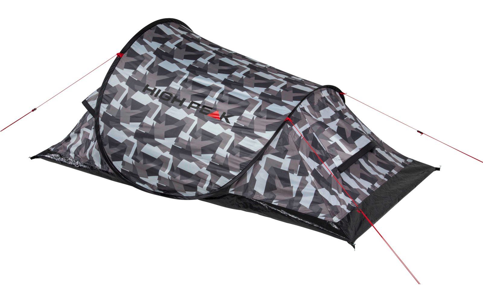 Tunneltent met grijs geometrisch camouflagepatroon, twee gebogen tentstokken, zwarte grondzeil en rode scheerlijnen op witte achtergrond