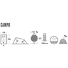 Opschrift 'CAMPO' bovenaan; rij pictogrammen: rechthoek met '120' en '220' en twee liggende silhouetten; getekende tent met '90°' en '60°'; cirkel met '±1,41 kg' en '71' eronder; stok met '1500 mm'; druppels boven gaas en klein mugpictogram