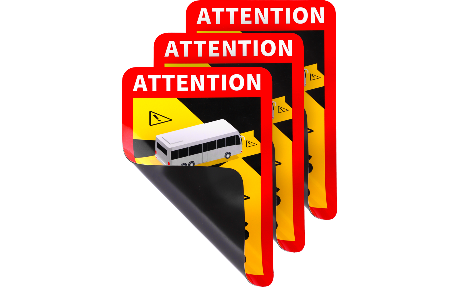 Drei überlappende rechteckige Aufkleber mit rotem Rand, weißer Schrift 'ATTENTION' oben, gelb-schwarzen diagonalen Streifen, kleinem weißem Bus-Piktogramm und nach oben geklappter unterer Ecke