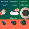 Drie panelen met titels 'MagUp Pad S', 'MagUp Pad M', 'MagUp Pad L'. Links: hand houdt een mok, onderkant toont een zwart rond pad. Midden: hand houdt een omgekeerde witte kom met een zwart rond pad. Rechts: bovenaanzicht van een grote beige schaal met een zwart rond pad in het midden. Groene achtergrond, oranje balk onderaan, 'gelmags'-logo in het midden