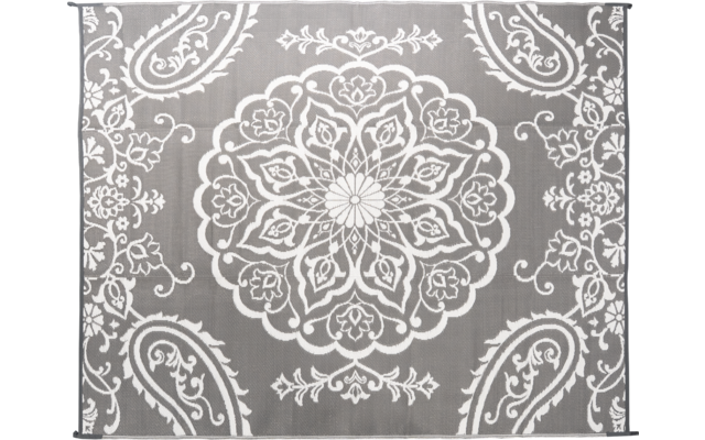 Rechteckige Fläche mit grauem Hintergrund und weißem symmetrischem Mandala- und Paisley-Muster