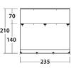 Rechteck mit den Zahlen 235 (unten) und 210 (links), links zusätzlich 70 und 140; im Inneren zwei horizontale Linien, obere Linie mit drei kleinen nach unten zeigenden Dreiecken, untere Linie mit drei kleinen nach oben zeigenden Dreiecken, schwarze E