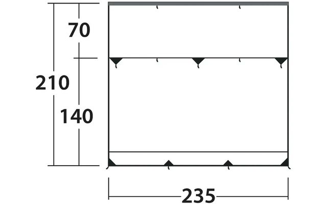 Rechteck mit den Zahlen 235 (unten) und 210 (links), links zusätzlich 70 und 140; im Inneren zwei horizontale Linien, obere Linie mit drei kleinen nach unten zeigenden Dreiecken, untere Linie mit drei kleinen nach oben zeigenden Dreiecken, schwarze E