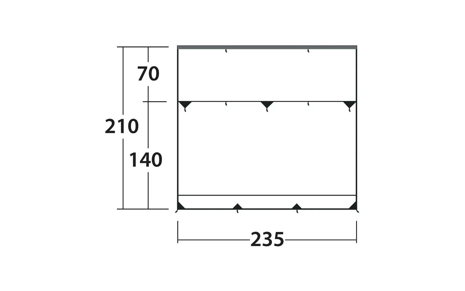Rechteck mit den Zahlen 235 (unten) und 210 (links), links zusätzlich 70 und 140; im Inneren zwei horizontale Linien, obere Linie mit drei kleinen nach unten zeigenden Dreiecken, untere Linie mit drei kleinen nach oben zeigenden Dreiecken, schwarze E