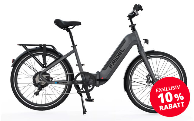 Graues Elektrofahrrad mit tieferem Einstieg, Gepäckträger und Scheibenbremsen