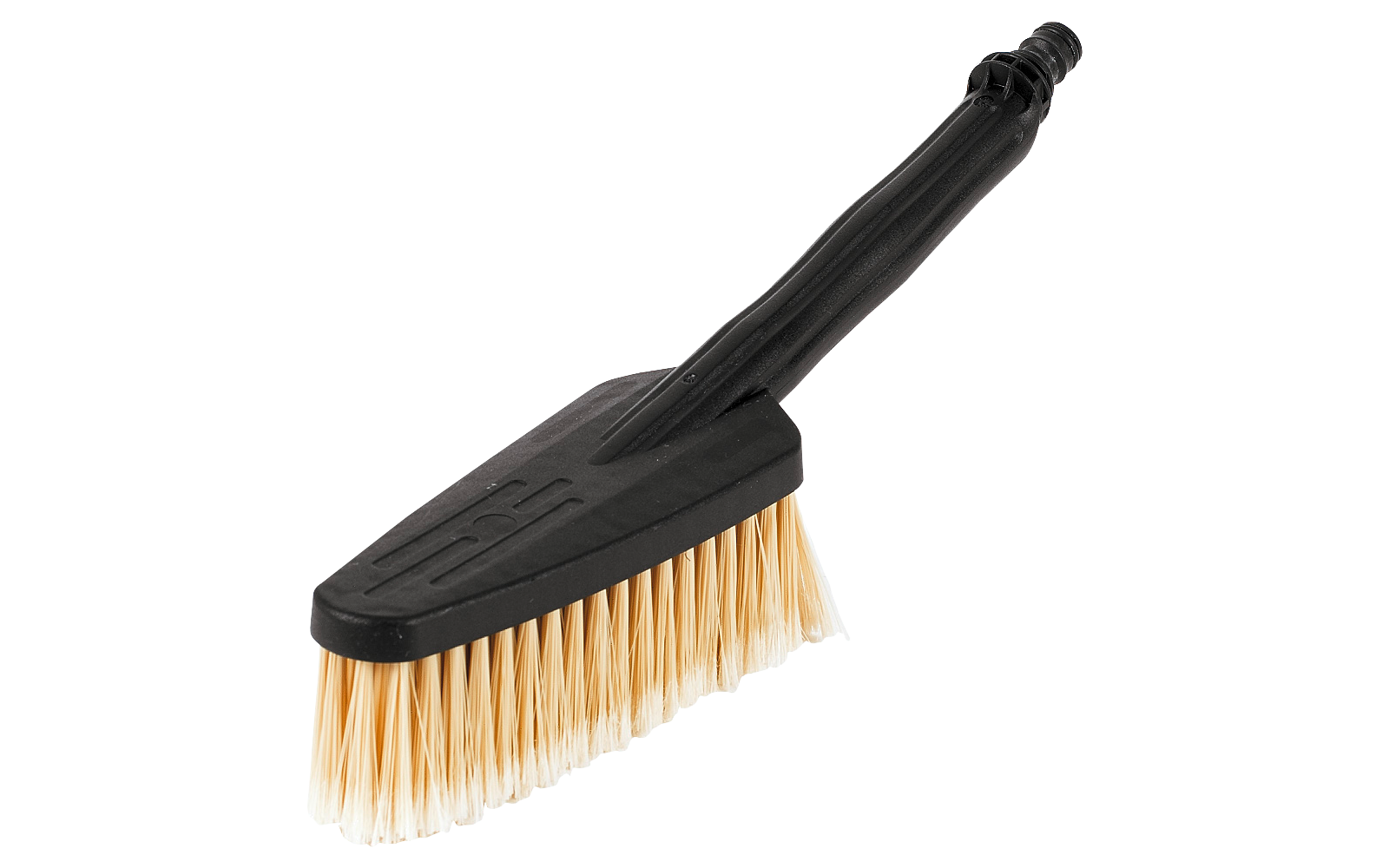 Schwarze Kunststoffbürste mit abgeschrägtem Kopf, hellen Borsten und schwarzem Griff