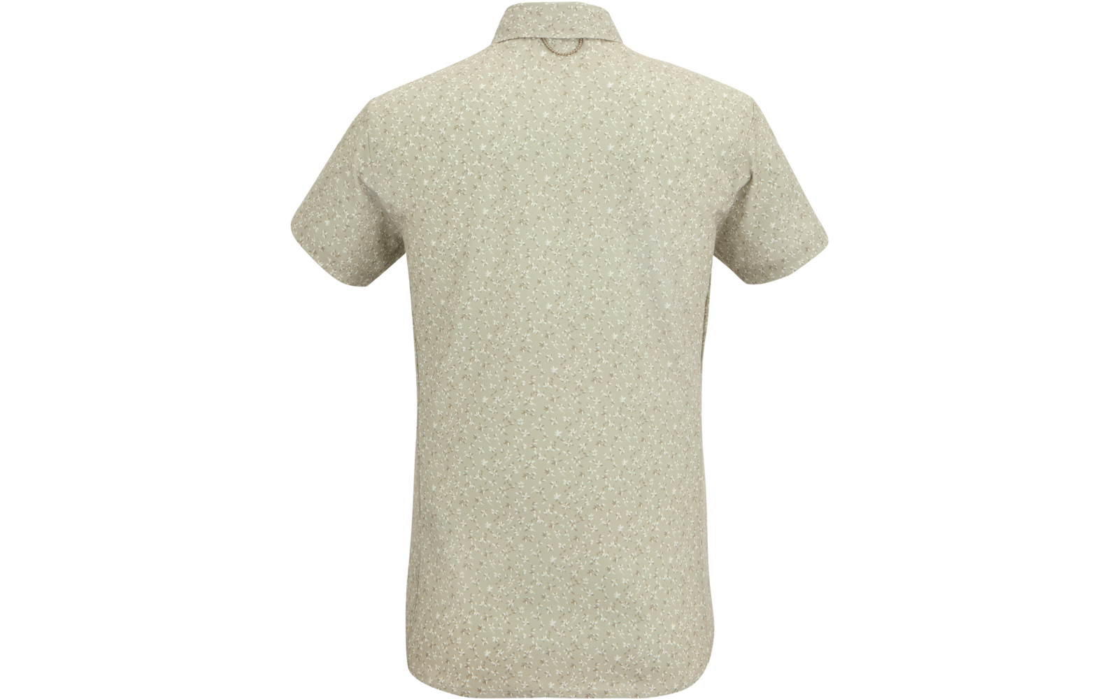 Rückansicht eines hellbeigen, kurzärmeligen Hemds mit Kragen und feinem Punktmuster