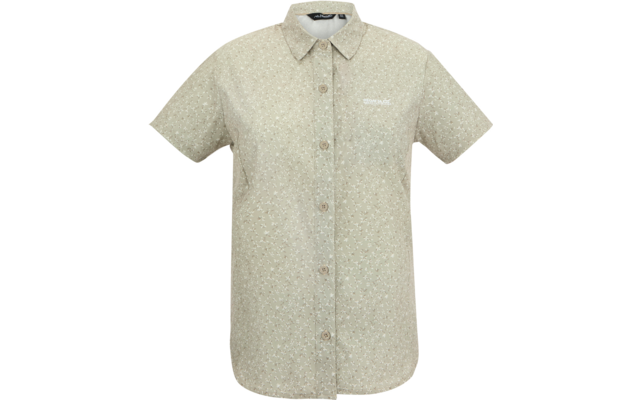 Beiges kurzärmeliges Hemd mit feinem weißem Blumenmuster, durchgehender Knopfleiste und kleinem Logo auf der linken Brust