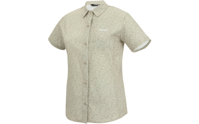 Kurzärmliges, knöpfbares Hemd mit spitzem Kragen, beigem Stoff mit kleinem weißen Blumenmuster, weißer Saum an den Ärmeln und kleines weißes Logo auf der Brust