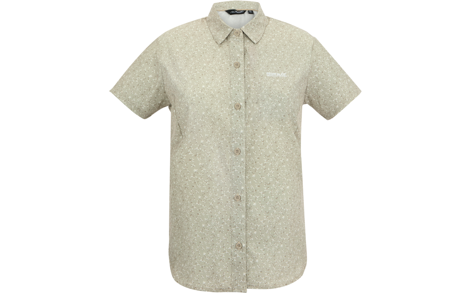 Beiges kurzärmeliges Hemd mit feinem weißem Blumenmuster, durchgehender Knopfleiste und kleinem Logo auf der linken Brust