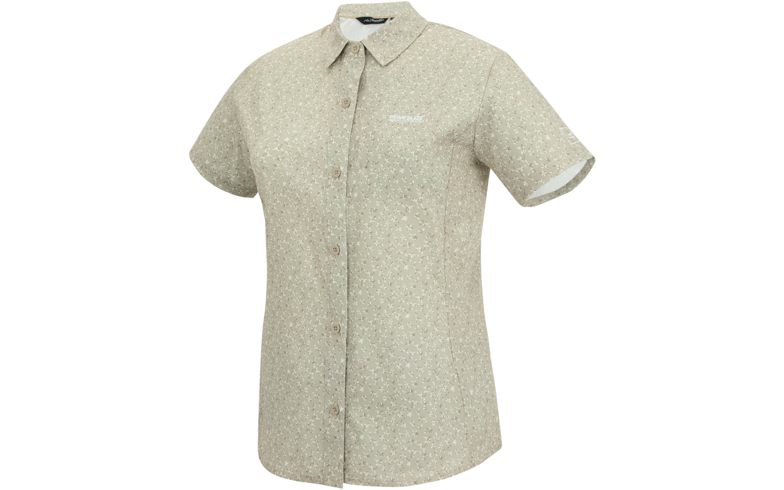 Kurzärmliges, knöpfbares Hemd mit spitzem Kragen, beigem Stoff mit kleinem weißen Blumenmuster, weißer Saum an den Ärmeln und kleines weißes Logo auf der Brust