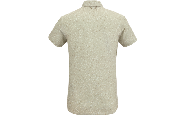 Rückansicht eines hellbeigen, kurzärmeligen Hemds mit Kragen und feinem Punktmuster