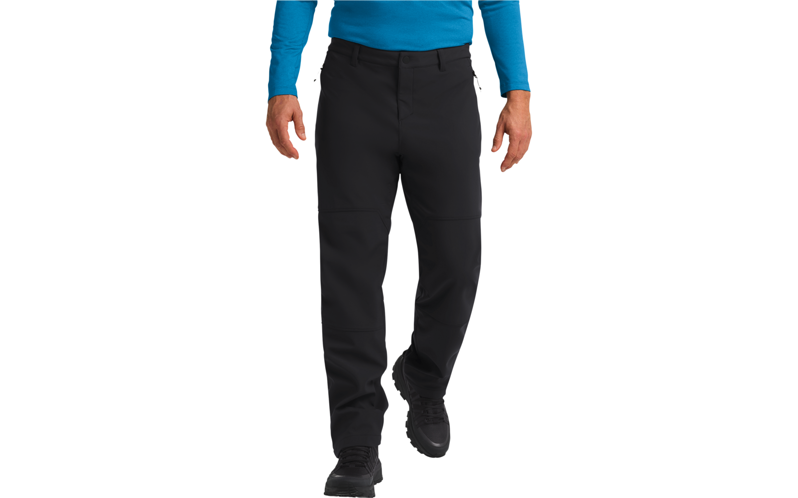 Person trägt schwarze Hose und blaue Jacke