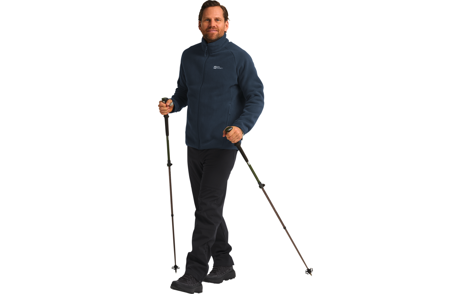 Mann in blauer Jacke und dunkler Hose steht mit Wanderstöcken