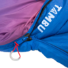 Close-up of a blue sleeping bag with purple interior, partially open zipper, red pull cord with white plastic ring