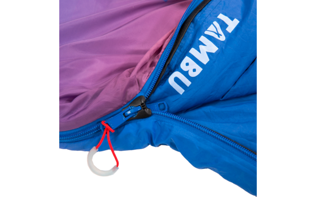 Close-up of a blue sleeping bag with purple interior, partially open zipper, red pull cord with white plastic ring