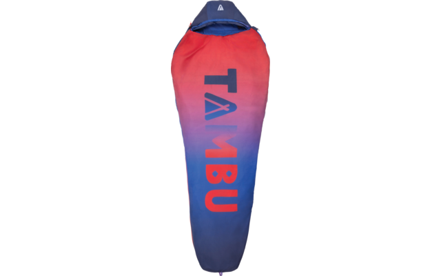Narrow, tapered sleeping bag with hood, red-to-blue gradient and large vertical 'TAMBU' lettering