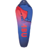 Blue mummy-shaped sleeping bag with red lining, color gradient and large red lettering on the front