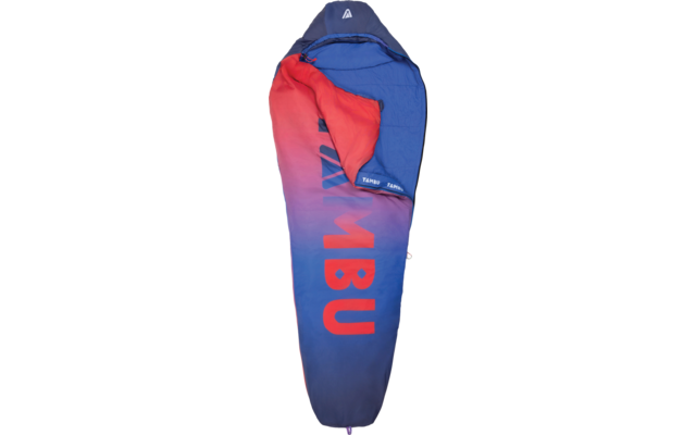 Blue mummy-shaped sleeping bag with red lining, color gradient and large red lettering on the front
