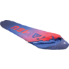 Mummy-shaped sleeping bag lying, blue-to-red gradient, partially open, visible zipper with pull cord, large red letters on the top, small white triangle symbol at the foot