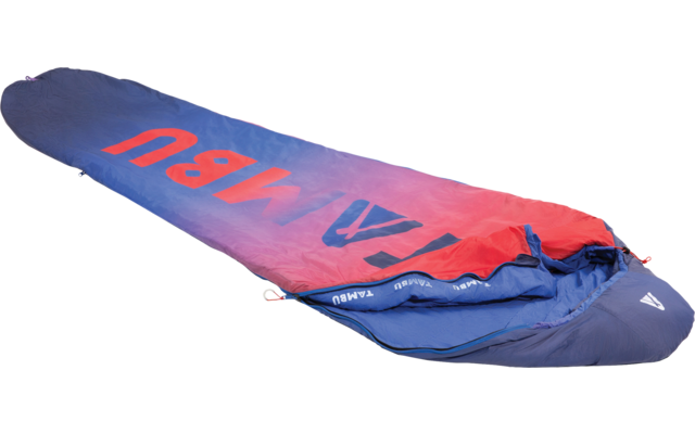 Mummy-shaped sleeping bag lying, blue-to-red gradient, partially open, visible zipper with pull cord, large red letters on the top, small white triangle symbol at the foot
