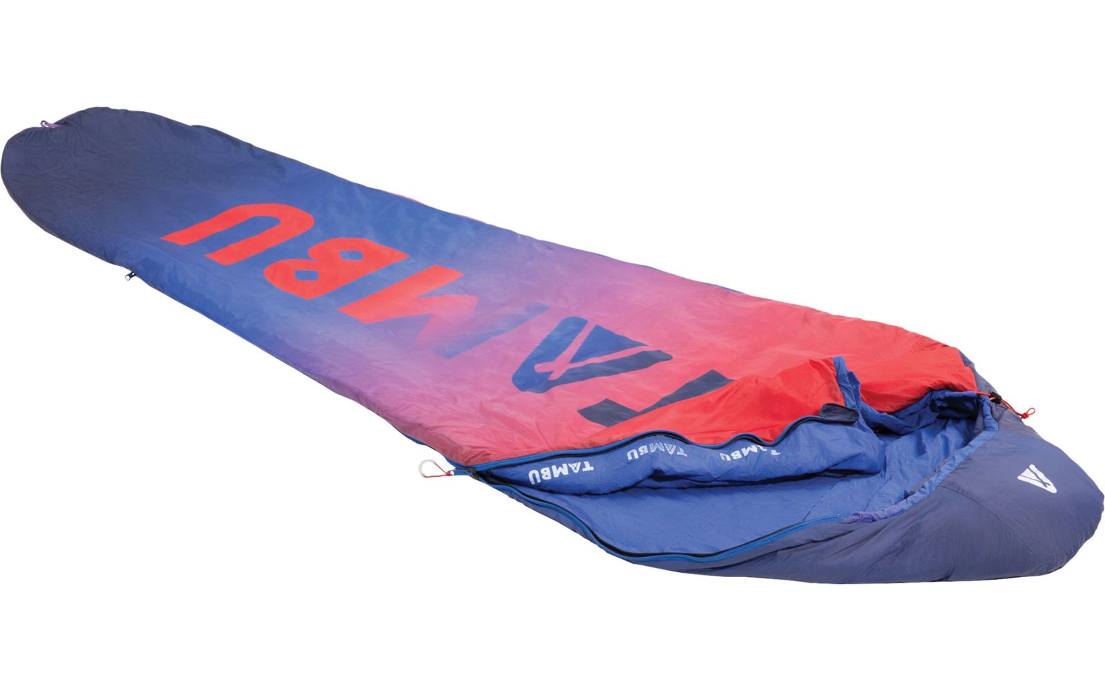 Mummy-shaped sleeping bag lying, blue-to-red gradient, partially open, visible zipper with pull cord, large red letters on the top, small white triangle symbol at the foot