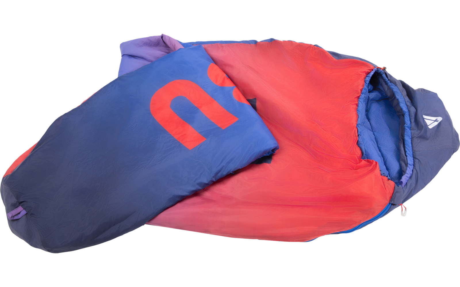 Two open sleeping bags on a white background, one dark blue with a red interior and red printed markings, the other red with blue lining and a hood