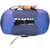 Hand holding a blue-purple compression sack, black carrying strap, partially visible white text 'TAMB'