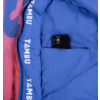 Blue quilted fabric with white 'TAMBU' print, zip pocket with a black smartphone, pink fabric edge, red zipper