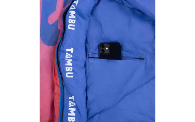 Blue quilted fabric with white 'TAMBU' print, zip pocket with a black smartphone, pink fabric edge, red zipper