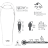 Mummy-shaped sleeping bag outline with dimensions 205 cm length, width top 75 cm, bottom 50 cm; RPET bottle symbol with text 'I was once a PET bottle'; PFC-free logo; 'BIONIC FINISH ECO' with 'Water repellency'; brand name 'TAMBU'; packed size 26×15 cm, volume approx. 4.6 l, weight approx. 600 g; person pictogram 'Max. 180'; temperature scale: Comfort +16°C, Limit +13°C, Extreme +3°C; standard EN ISO-23537-1:2022