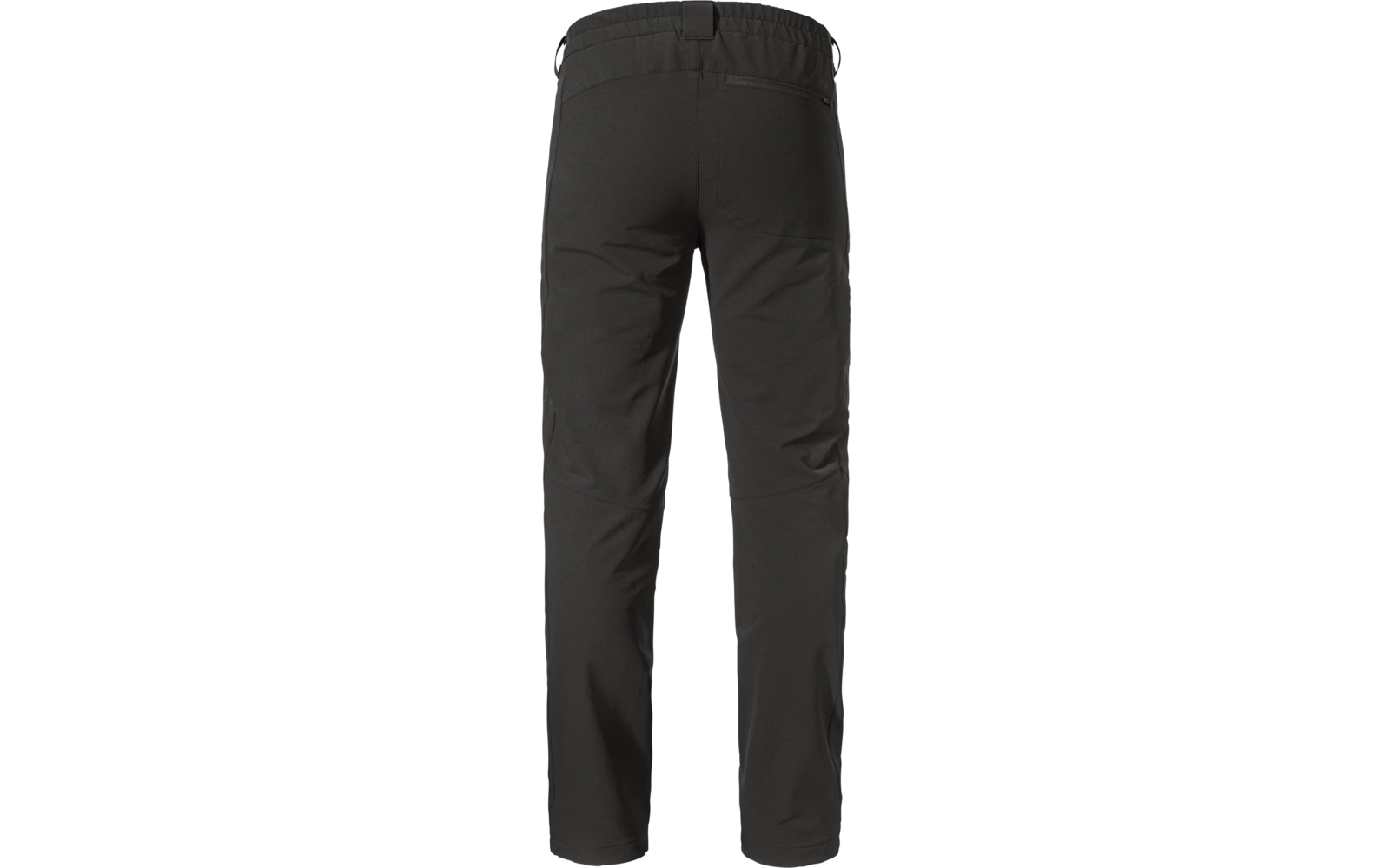 Vista trasera de unos pantalones negros con cintura elástica y bolsillos traseros