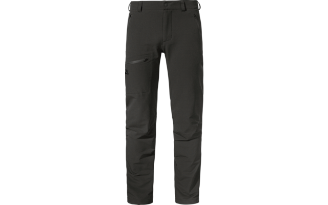 Pantalón largo gris oscuro, vista frontal; cintura con botón y trabillas; dos bolsillos laterales con cremallera; bolsillo con cremallera en el muslo izquierdo con pequeño logo triangular; costuras visibles en las rodillas; perneras rectas