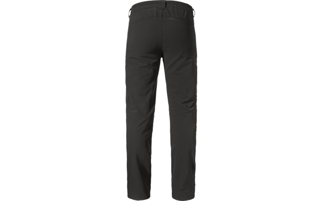 Vista trasera de unos pantalones negros con cintura elástica y bolsillos traseros