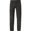 Pantalón largo gris oscuro, vista frontal; cintura con botón y trabillas; dos bolsillos laterales con cremallera; bolsillo con cremallera en el muslo izquierdo con pequeño logo triangular; costuras visibles en las rodillas; perneras rectas