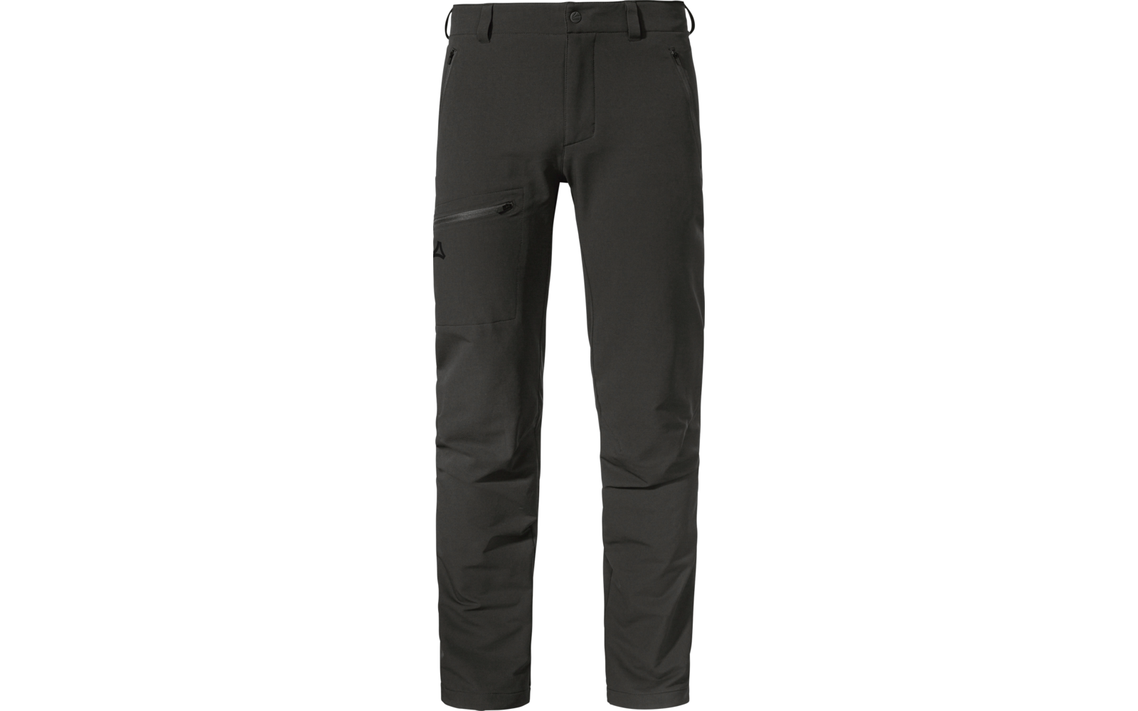 Pantalón largo gris oscuro, vista frontal; cintura con botón y trabillas; dos bolsillos laterales con cremallera; bolsillo con cremallera en el muslo izquierdo con pequeño logo triangular; costuras visibles en las rodillas; perneras rectas