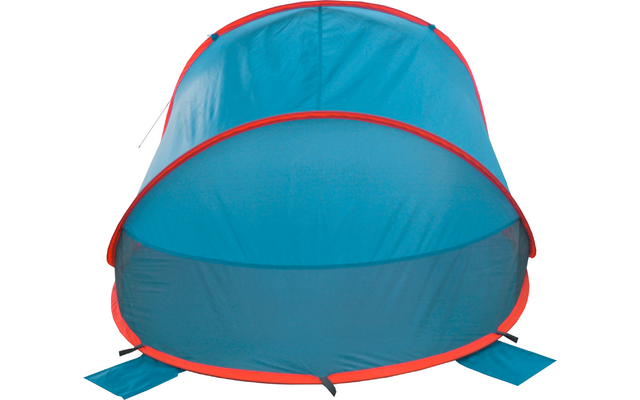 Blauw pop-up tent met rode rand, open voorkant, witte achtergrond
